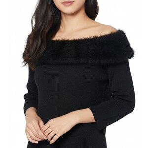 NY Collection Women Eyelash-Detail Off-The-Shoulder Glittery Black Sweater(L)